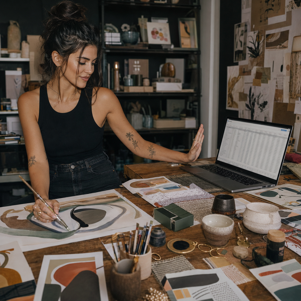 A woman in a black tank top and jeans sits at a wooden desk in a creative studio, sketching on paper and looking at a laptop screen surrounded by art supplies, books, and mixed-media materials.