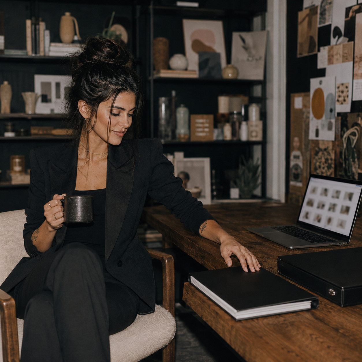 A woman in a black blazer and pants sits in a chair at a wooden desk, holding a dark mug. She is looking down at a black notebook in front of her, with a laptop and binder on the desk.