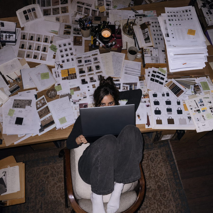 A person sits in a chair at a cluttered wooden desk covered with papers, sketches, and design materials, holding a laptop from above.